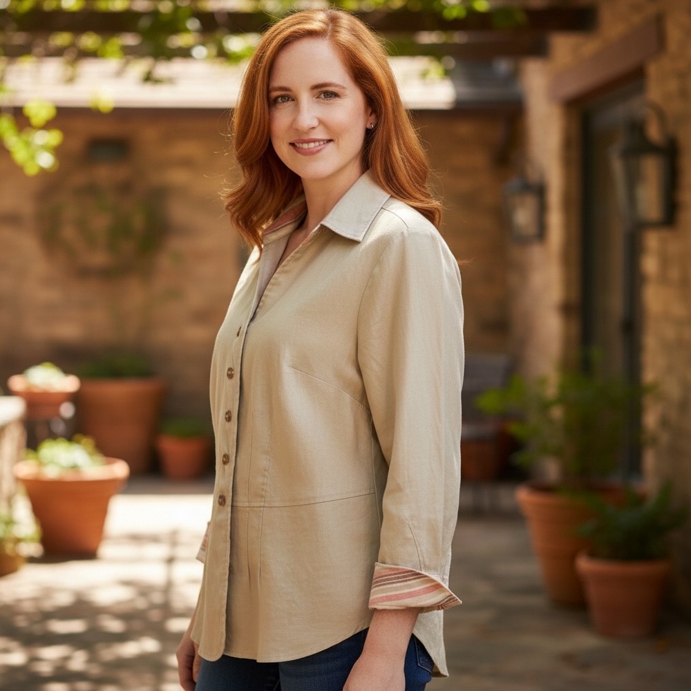 Jillian Jones Linen Chambray V-Neck Button Down Top Size 16W